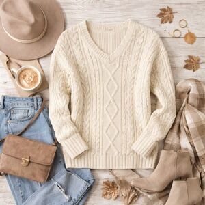 Cream Cable Knit Sweater Cozy Layering  Cottagecore Vibes Neutral L (12–14)